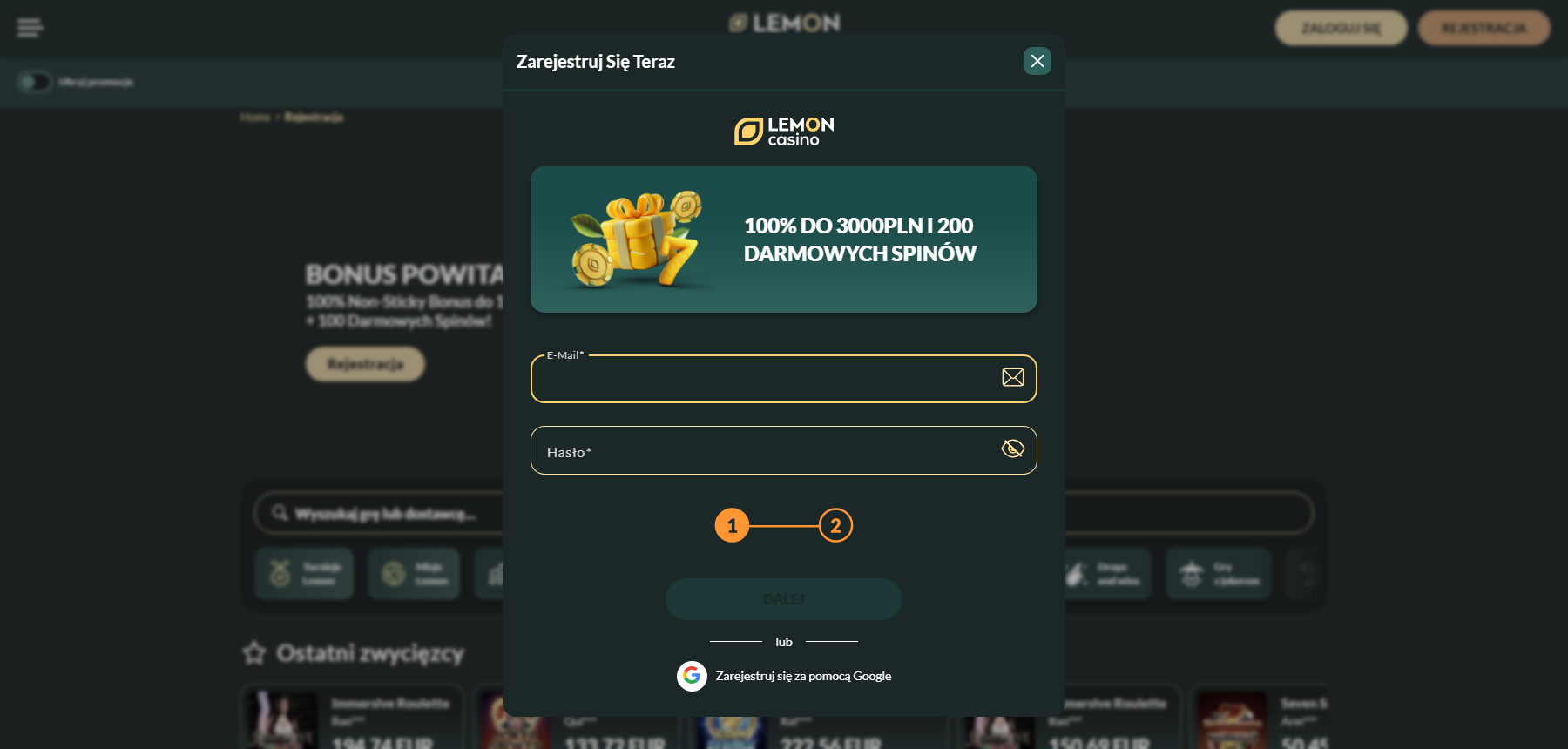 Formularz rejestracji w kasynie Lemon