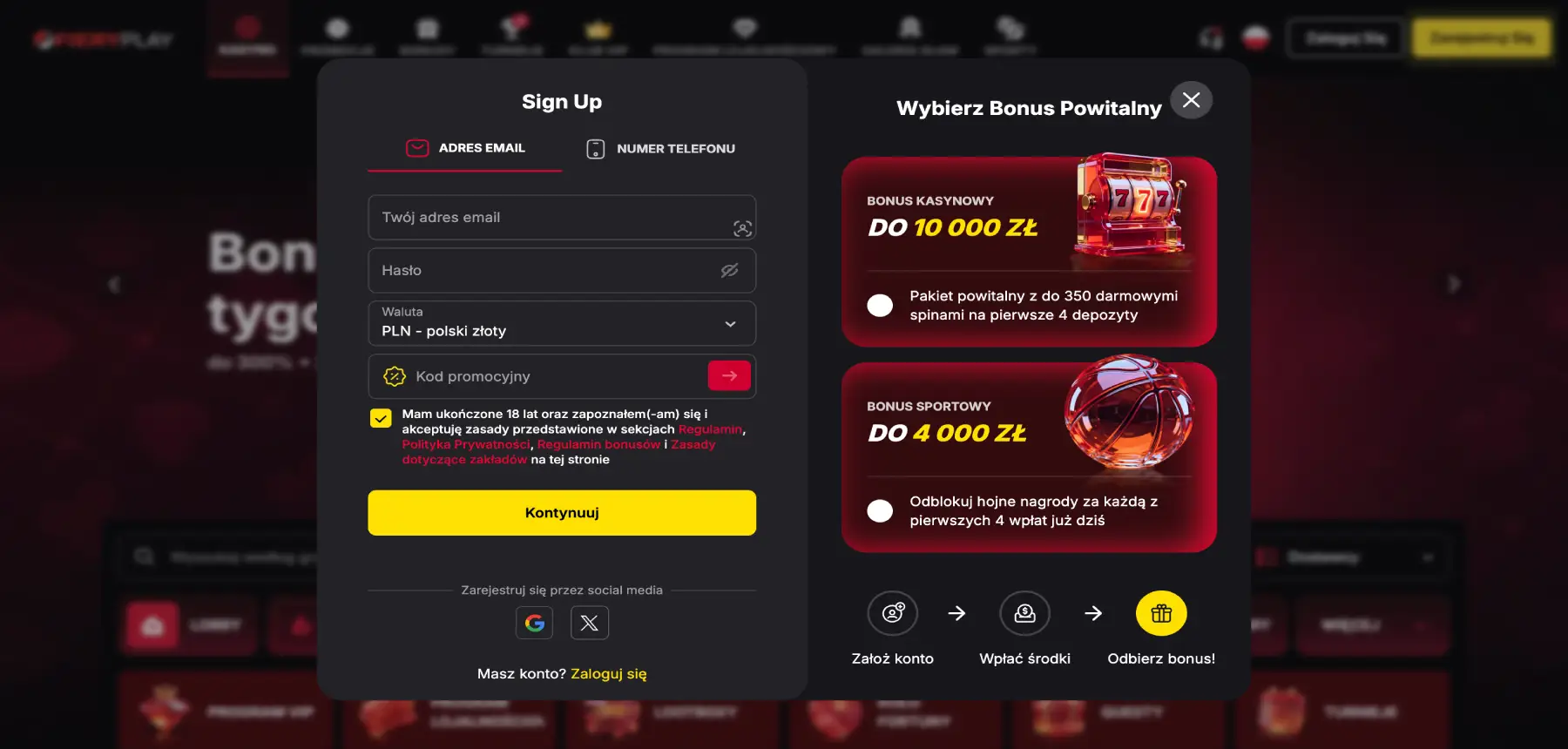 Formularz rejestracji w kasynie Fieryplay