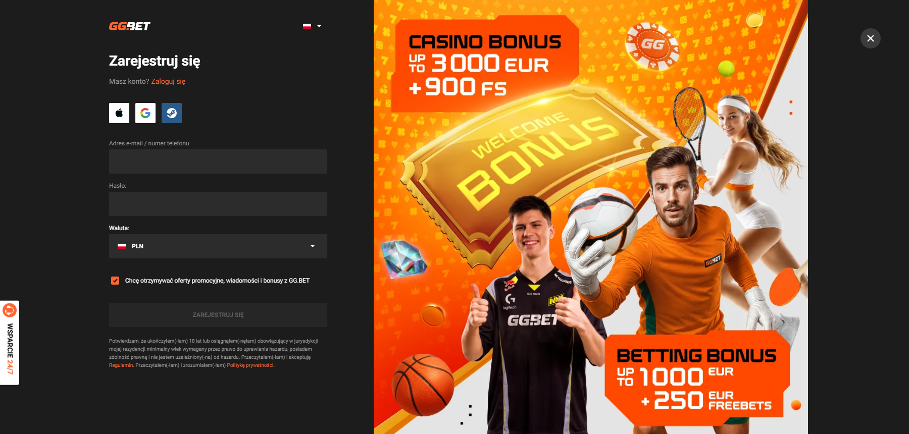 Formularz rejestracji w kasynie GGBet