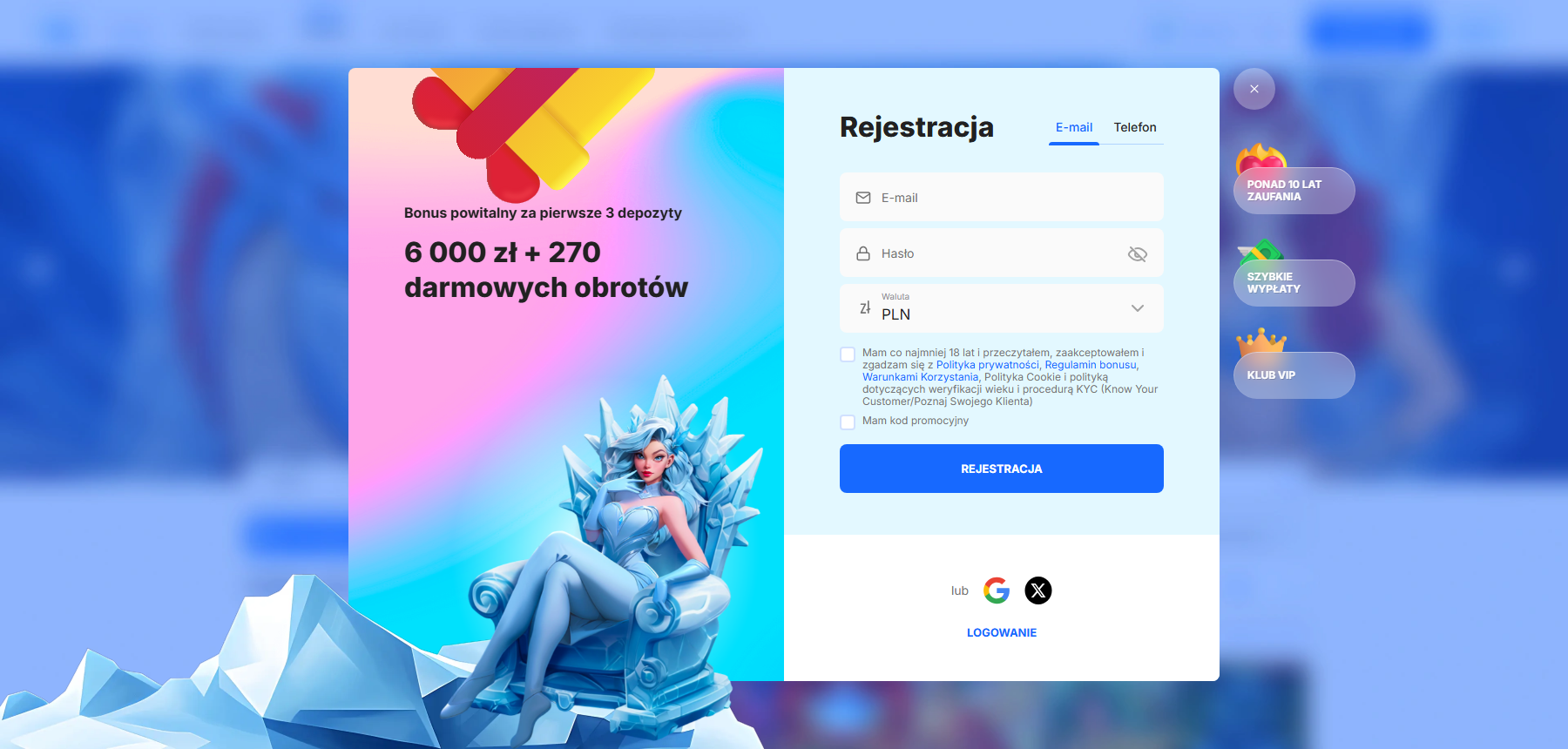 Formularz rejestracji w Ice kasynie