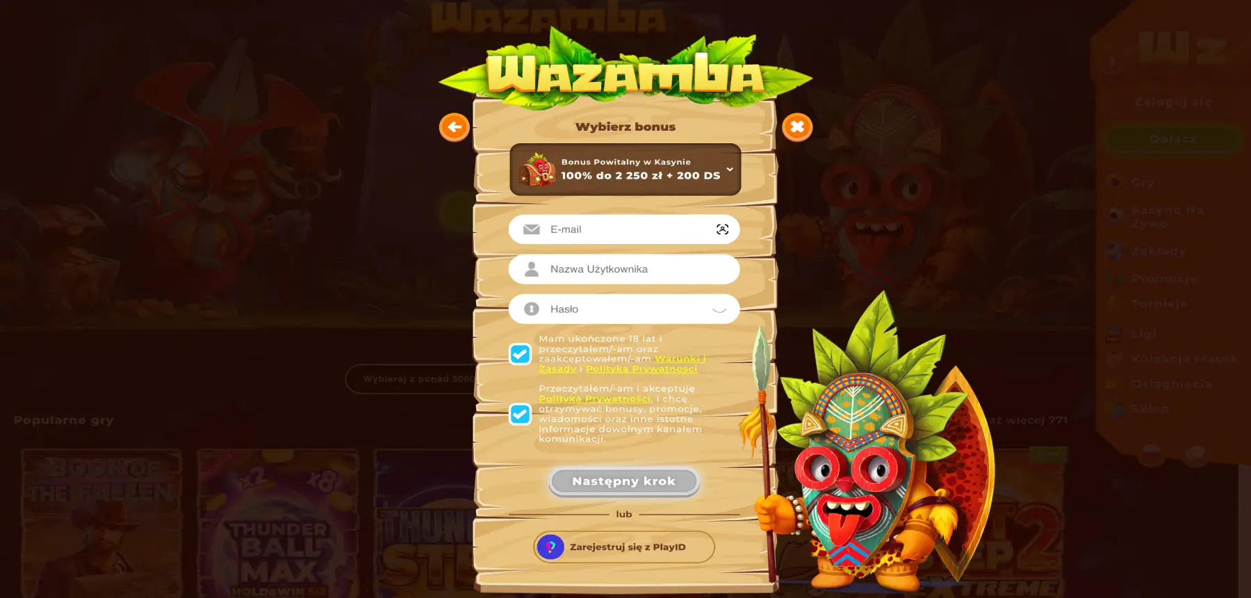 Formularz rejestracji w kasynie Wazamba